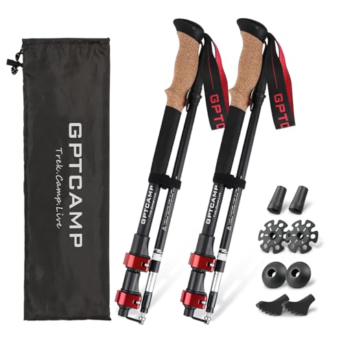 GPTCAMP Walking Sticks,Trekking Poles Collapsible Hiking Poles,Lightweight Folding Travel Walking Pole for Men Women,2pc Adjustable Hiking Stick with EVA Foam Grips for Backpacking,Red