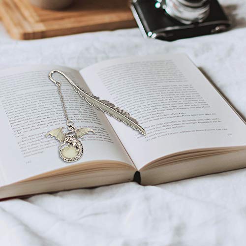 Vintage Feather Metal Bookmark, Unique Glow In The Dark Bookmark Gift For Men Women (Antique Silver Dragon) #TOP2