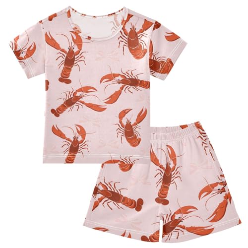 Pink Bows Lobster Pajama Set, Short Sleeve Cotton Sleepwear Nightwear