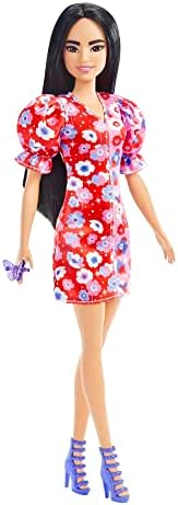 Barbie Fashionistas Doll #177 with Long Black Hair & Color Block Floral Dress with Puffed Sleeves, Strappy Purple Heels, Butterfly Ring, Toy for Kids 3+