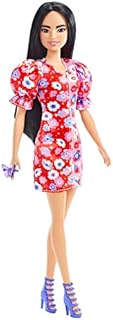 Barbie Fashionistas Doll #177 with Long Black Hair & Color Block Floral Dress with Puffed Sleeves, Strappy Purple Heels, Butterfly Ring, Toy for Kids 3+