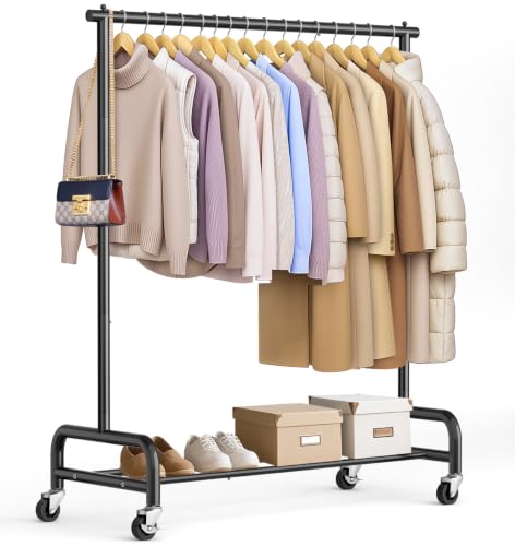 SLEEPING LAMB Heavy Duty Clothing Racks for Hanging Clothes Rack, 43' Wide Rolling Garment Rack Metal Clothing Hanger Rack with Wheels Wardrobe Rack for Coats, Shirts, Dress, (Black)