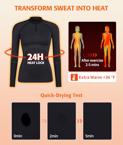ATTRACO Women's Long Sleeve Thermal Underwear Mock Neck Base Layer Compression Shirt Slim Fit Black S