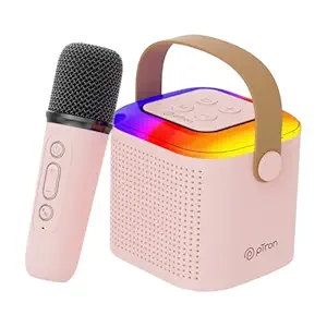 pTron Newly Launched Fusion Tunes 10W Mini Bluetooth Speaker, Wireless Karaoke Mic, 8Hrs Playtime, Vivid RGB Lights, Voice Effects, Multi-Play Modes BT5.1/TF Card & Type-C Charging (Light Pink)
