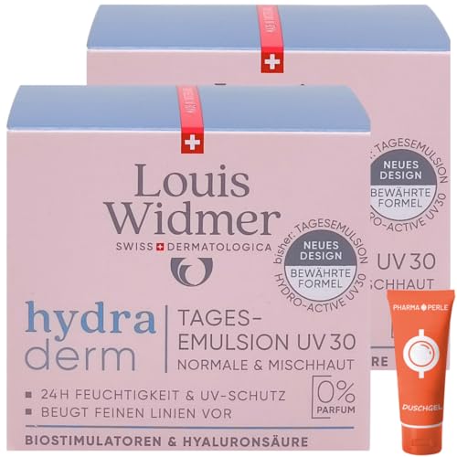 Louis Widmer hydraderm Tagesemulsion UV30 unparfümiert 2x 50 ml I für normale & Mischhaut I Anti-Ageing Tagespflege I Feuchtigkeit I Lichtschutzfaktor 30 I Spar-Set plus Pharma Perle give-away