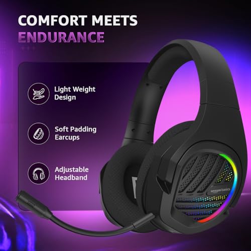Image of amazon basics Tri-Mode Wireless RGB Gaming Headphones with Detachable Mic,Volume Scroller,Microphone On /Off Button,Type-C Charging Jack, for PC and Laptop. (Black)