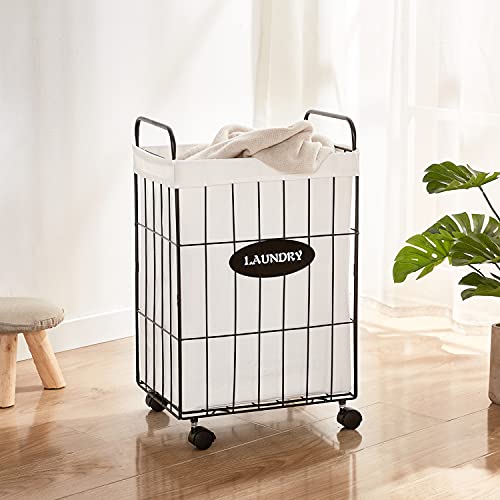 Mxfurhawa Iron Wire Laundry Hamper With Rolling Lockable Wheels, Folding Laundry Storage Basket With Handles,Detachable Liner Collapsible Dirty Laundry Hamper Cart Sorter Clothes Basket Organizer (23.6 Inches) #TOP2