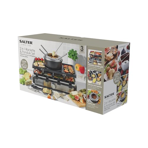 Salter Parrilla Eléctrica Raclette & Fondue - Parrilla Interior 2 en 1, Olla para Derretir de 1,3L, Fondue de Queso, 6 Tenedores, Temperatura Ajustable, 8 Sartenes y Espátulas Antiadherentes, 1400W - imagen 4