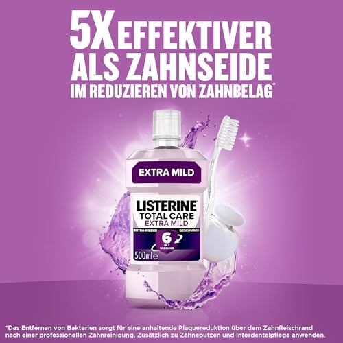 LISTERINE Total Extra Mild (500 ml), ochronny płyn do płukania jamy ustnej bez alkoholu przeciwko próchnicy zębów, działanie 6 w 1, antybakteryjny płyn do płukania jamy ustnej chroni przed problemami