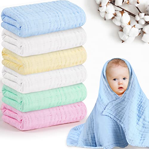 Image of 6 Pack Baby Muslin Bath Towels Cotton Soft Infant Towels Large Swaddle Receiving Blankets 6 Layers 43.3 x 43.3 Inch for Newborn Toddlers Boys Girls