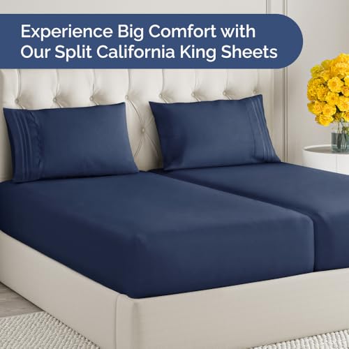 Image of Split Cal King Bed Sheet Set - 5 Piece Split Cal King Sheets - Navy Blue | Ultra-Soft, Breathable & Cooling - Comfy, Wrinkle & Fade Resistant - Fits 8 inch to 16 inch Inch Mattress with Deep Pockets