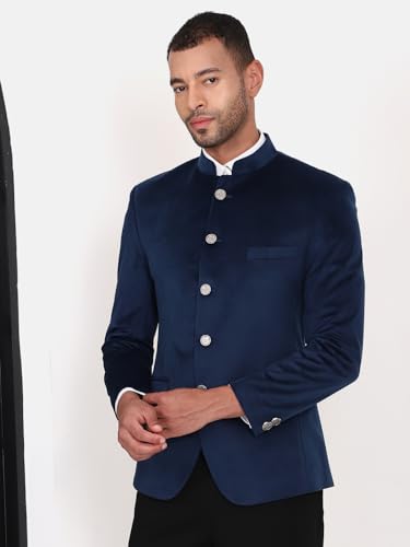 Image of MANQ Men Slim Fit Bandhgala Velvet Blazer - Mandarin Collar, Button Closure, Long Sleeves, Solid Ethnic Winter Wear with Three Pockets for Adults