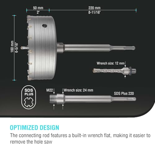 Image of BINOTA 160 mm (6-5 /16 inch) Concrete Hole Saw with SDS-Plus Shank | Tungsten carbide drill bit; SDS-Plus shank (220 mm); Cross-type center drill; Dry drilling for concrete /brick /stone /masonry