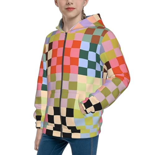 Retro Checkered Kids Pullover Hoodies Boys Zip Up Sweatshirts Girls Athletic Clothes with Pocket
