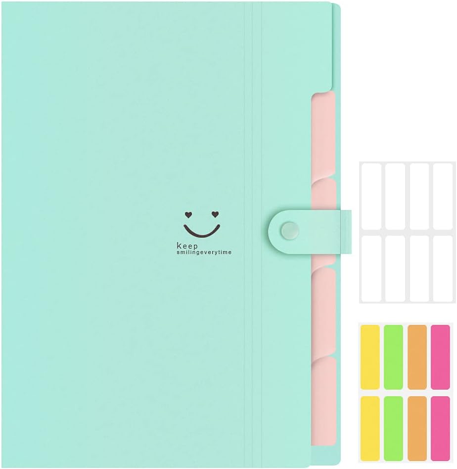 Lanivas Expanding File Folder 5 Pockets Plastic Accordion Document Organizer A4 Letter Size for School Office Travel - Free Labels