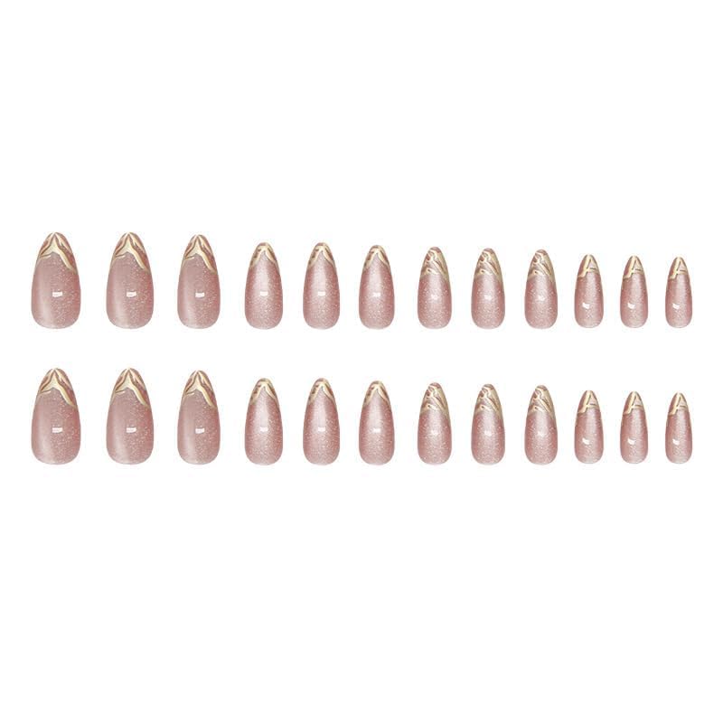 Image of Peach Cat Eye Golden Tip Almond Press On Nails Kit for Women And Girls Fake Nail Extension | Reusable Nail Extension For Women With Glue Tab | Long Lasting Glossy Finish Artificial Nails | Easy to Apply Fake Nails for Salon Look at Home | Stick-On Manicure Kit For Parties, Weddings And Gifts | Trendy Nail Art Set for All Occasions