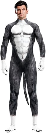 Mens Animal Bodysuit Costume with Big Tail Print Petsuit Spandex Furry Jumpsuit Cosplay Halloween Party