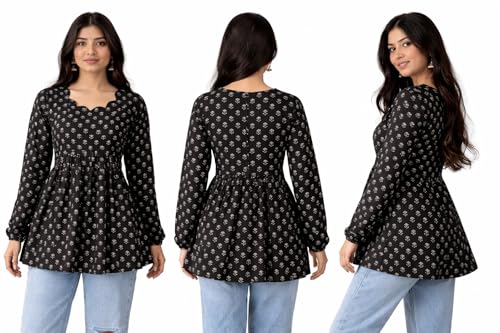 Image of Women's Rayon Black Floral Block Print Kurti, Scallop Neckline, Full Sleeves, Gathered Fit