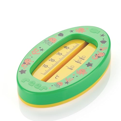reer Termómetro de baño para bebé ovalado, termómetro de baño seguro para niños, temperatura óptima para la bañera, sin mercurio, rango de medición alto, escala clara, verde