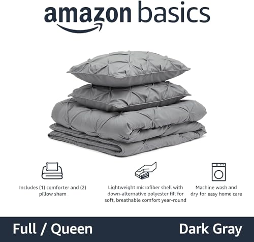 Image of Amazon Basics Soft, Warm Pinch Pleat Design Comforter Set, All-Season Down-Alternative 3-Piece Bedding Set with Piped Edges, Full /Queen Size, Dark Grey