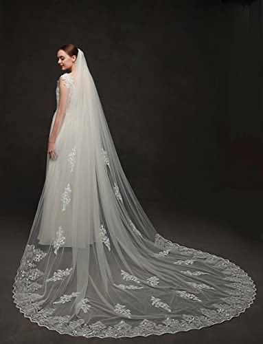 EllieHouse Cathedral 1 Tier Sequin Lace Wedding Bridal Veil With Comb L81