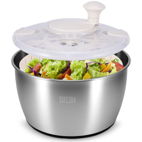 UNISOPH Essoreuse à salade multifonction en acier inoxydable de 5 l avec couvercle, sans BPA, passe au lave-vaisselle, avec manivelle pour laver et sécher la salade, les légumes et les fruits