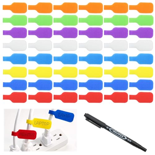 Image of ZOCONE 48Pcs Cable Labels Multi-Color Cord Labels Self Adhesive with a Pen 8 Multi-Color Cable Identification Tags Reusable Design Wire Label for Home Office Travel and Business Trips