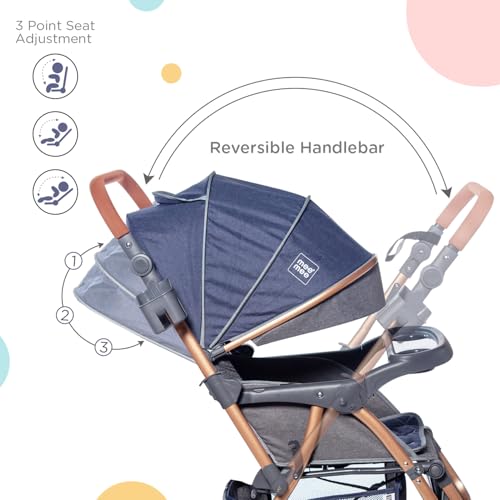 Image of Mee Mee Baby 2-in-1 Pram /Stroller Cum Rocker, with 3 Reclining Positions, Wheel Brakes, Reversible Handle, Water-Resistant Canopy, Spacious Storage Basket, and 5-Point Safety Harness (0-3 Yrs, Blue)