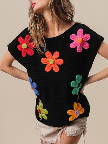Womens Crochet Flower Embroidery Knit Top Sleeveless Round Neck Knit Sweater2