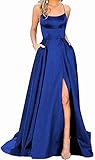 Z.Dreamer Women's Halter Long Side Spilt Backless Satin Prom Gowns with Pockets 6 Royal Blue