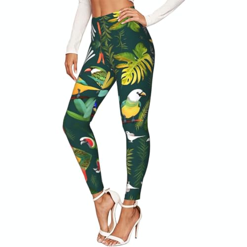 Leggings de compresión suaves para mujer con estampado tropical de pájaros y hojas para fitness