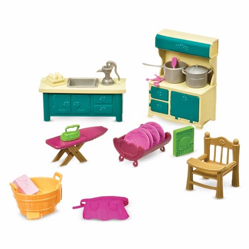 Li'l Woodzeez WZ6703Z Li'l Woodzeez (aneks kuchenny i sprzątanie zestaw 21 szt. z meblami kuchennymi i akcesoriami - miniaturowe zabawki i zestawy do zabawy dla dzieci w wieku 3+, brązowy/a, S