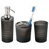 mDesign Frosted Plastic Soap Dispenser Pump, Toothbrush Holder Stand, Tumbler for Bathroom Vanities - Set of 3, Black/Clear