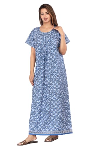 Image of Kuruti B Sheets Cotton Nighty for Women Jaipuri Print 2 Button Round Neck Short Sleeve Night Gown | Maxi Dress