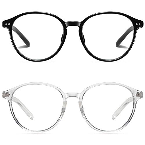 STORYCOAST Blue Light Blocking Glasses 2 Pack,Retro Round Frame Eyeglasses,Gaming/Computer Unisex Blue Light Glasses (Bright Black+Clear, 56)