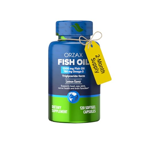 ORZAX Fish Oil 1200 mg, EPA&DHA, Triglyceride Form Burpless Omega 3, Lemon Flavor, Supports Heart, Brain, Eyes, and Joints, 120 Softgels,60 Day Supply
