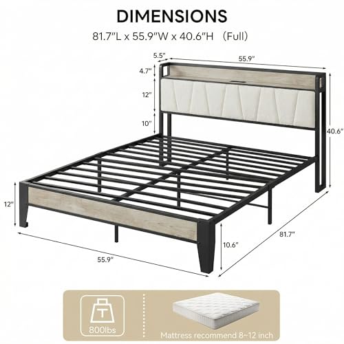 Image of LIKIMIO Full Size Bed Frame with Storage Headboard & Charging Station | Upholstered Headboard, Storage Shelf, Solid and Stable, Noise Free, No Box Spring Needed, Easy Assembly (Walnut and Beige)