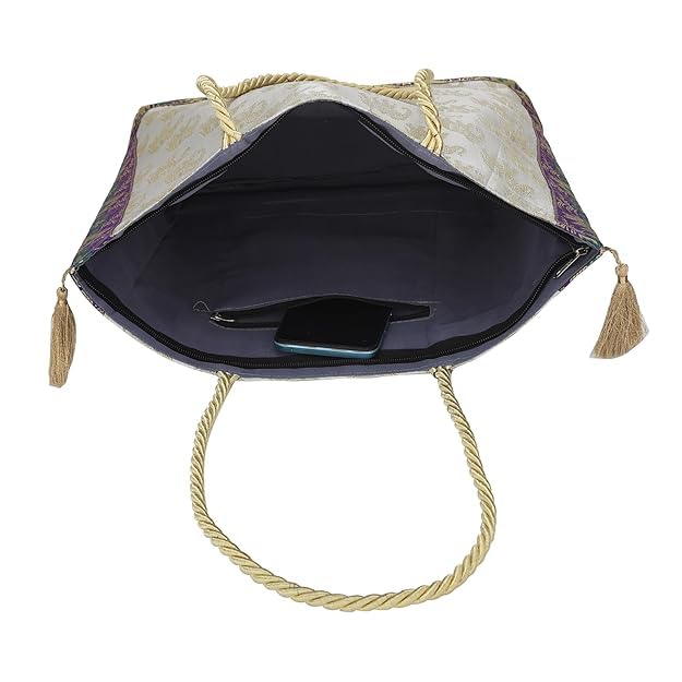 Image of Hand Purse | Traditional Hand Purse | Silk Wallet Hand Bag | Shagun HandPurse | Gifts HandBag | Golden Handle Tote Handbag | Brocade Shoulder Bag | 16 INCH