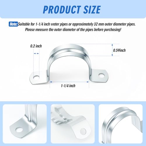 Image of Yaocom 100 Pcs 1 1 /4 inch Opening Pipe Strap Galvanized Steel Conduit Clamp Reinforced Rigid 2 Hole U Bracket for Pipe Fixing on Various Surfaces