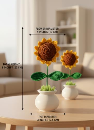 Image of Handmade Crochet Sunflower Pot - Eco-Friendly Knitted Flower Plant, Perfect Decorative Piece for Home, Office Table & Gifting Purpose (Brown)