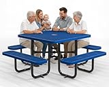 OUTTANS Metal Picnic Tables for Outdoors with Umbrella Hole - Coated Steel Heavy Duty Commercial Grade Furniture (Blue, 46 in, Square, Expanded Steel)