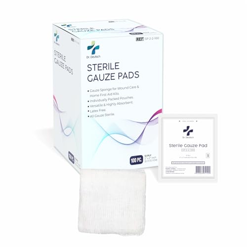 DR. DEUTSCH Lot de 100 compresses de gaze stériles 5 x 5 cm pour pansement individuel, coton 12 plis et très absorbantes, pour soins des plaies et trousses de premiers secours à domicile