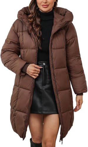 ORANDESIGNE Abrigos Plumas Mujer Largo Invierno Plumifero con Capucha Chaqueta Acolchada Gruesa Cálido Plumas Talla Grande A Marrón 3XL