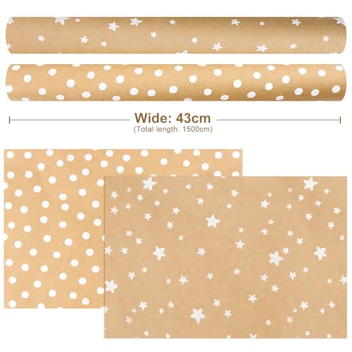Woobroo 2 Roll Kraft Gift Wrapping Paper, 43cm x 15m Wrap Paper Roll for Birthday,Holiday,Baby Shower Xmas Gift Wrap(Dots-Stars)