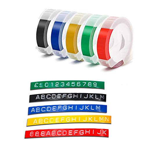 Embossing Label Tape Compatible with Dymo Label Maker,3/8 Inch 3D Plastic Labels Replacement for Dymo Organizer Xpress 12965 DYM 12966 Office Mate II (White on Black/Red/Blue/Yellow/Green)