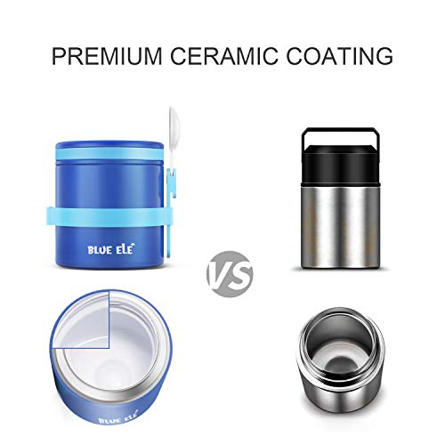 Blue Ele Leakproof, Vacuum Insulated Thermos Hot Lunch Containers With Ceramic-Coated Stainless Steel, Easy Grip Lid, And Folding Spoon, 13.5Oz, Deep Blue #TOP2