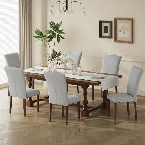 Image of COLAMY Parsons Dining Chairs Set of 6, Upholstered Fabric Dining Room Kitchen Chair with Nailhead Trim and Wood Legs - Light Grey