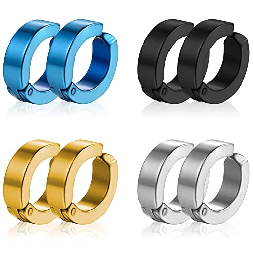 Liuxn 8 pièces Non-Piercing Boucles d'oreille Clip d'oreille Faux Anneaux d'oreille pour Hommes et Femmes, en Acier Inoxydable, 4 Couleurs