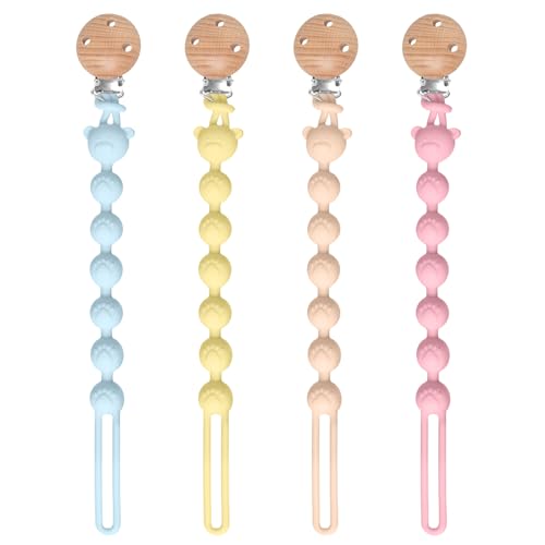 AYSYR 4 Stück Schnullerkette Silikon Geschmeidigkeit,Schnullerband Leicht zu Reinigen,Schnullerketten & Beißring 2-in-1 Design,Schnullerkette Holz Tragbarkeit,Zahnungshilfe Mädchen Junge
