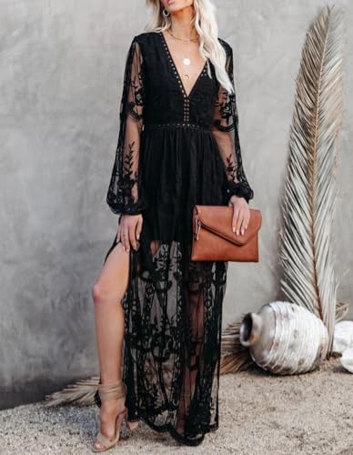 Image of LRISES Womens V Neck Floral Embroidered Lace Wedding Maxi Dress Boho Short Sleeve Slit Bridesmaid Evening Party Dresses